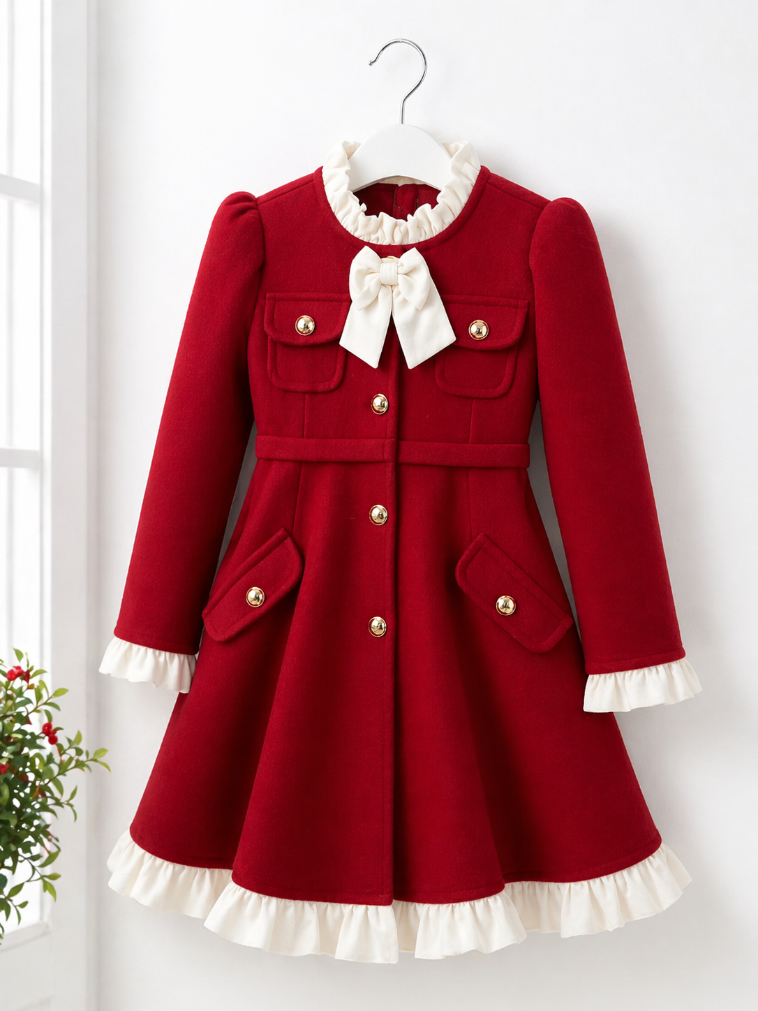 Elegantes Mädchenkleid aus rotem Wollstoff mit weißen Details